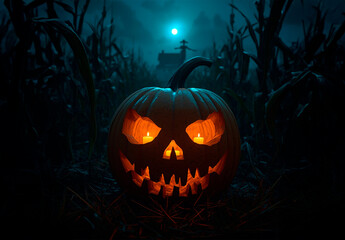 calabaza de halloween terrorifica en campo de noche con casa y espantap&aacute;jaros al fondo