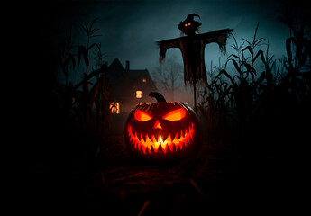 calabaza de halloween terrorifica en campo de noche con casa y espantap&aacute;jaros al fondo