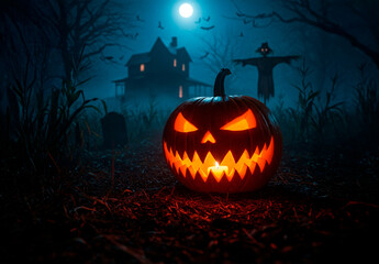 calabaza de halloween terrorifica en campo de noche con casa y espantap&aacute;jaros al fondo