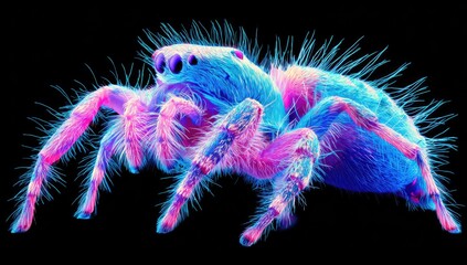 Vibrant close-up of a jumping spider, showcasing its detailed and colorful fur,  illuminated with vibrant hues of pink and blue.