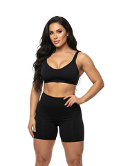 Fototapeta premium Stunning fit woman with a muscular physique posing confidently in black athletic sportswear, showcasing her healthy lifestyle, Isolated on a Transparent Background PNG