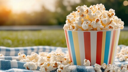 Popcorn overflows from a colorful striped container on a picnic blanket in warm sunlight, creating a nostalgic and joyful atmosphere.