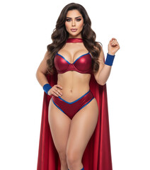 Beautiful Woman In Superhero Costume Standing Isolated on a Transparent Background PNG, Ready for Action