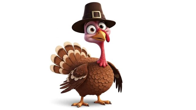 Thanksgiving Turkey Cartoon Character in Pilgrim Hat.
