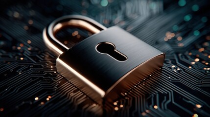 Gleaming padlock over a digital circuit board, symbolizing technological security and data protection with intricate details and dramatic lighting.