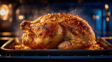 Golden-brown roasted chicken in an oven, with steam rising, conveying warmth and culinary perfection. Ideal for recipes, cooking tips, and food marketing.