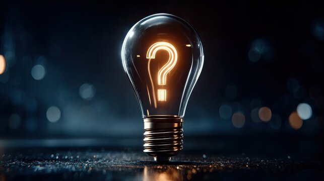A glowing light bulb with a question mark inside on a dark background, symbolizing creativity and innovation.