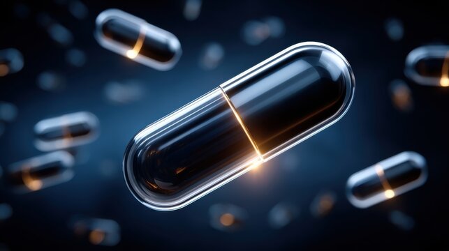 Futuristic floating capsules with glowing interiors signify pharmaceutical innovation and health advancements in a dreamlike setting.