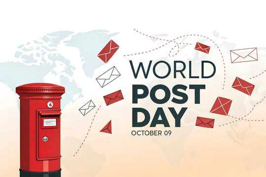 World post day greeting with red mailbox and envelopes on world map