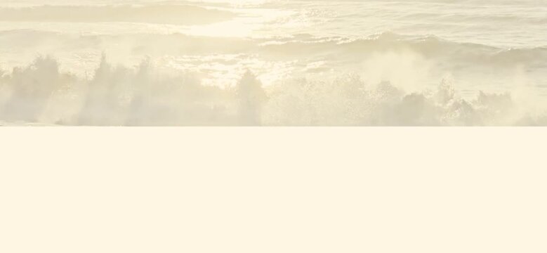 video of faded or low opacity golden tan waves of ocean water at sunset roaring in at the shoreline w/light tan bar for message, text, ad or to be left blank, backgrounds, backdrop, wallpaper