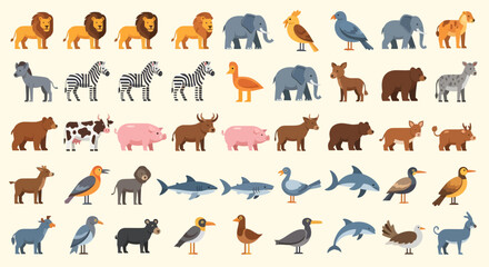 A large collection of colorful, flat design vector icons featuring a wide variety of wild, farm, and aquatic animals.