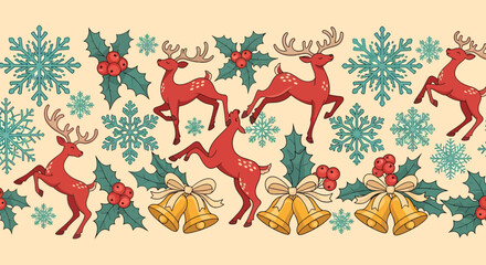 A festive Christmas border design featuring leaping reindeer, holly berries, snowflakes, and golden bells on a cream background.