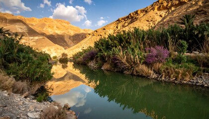 Fototapeta premium Desert river valley reflects golden light