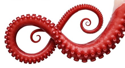 Intricate spiral of a vibrant red octopus tentacle, showcasing a captivating symmetrical pattern against a plain white background.