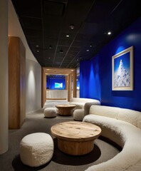 A modern, minimalist lounge area with curved white fur seating and wooden tables, set against a backdrop of deep blue walls and a black ceiling.