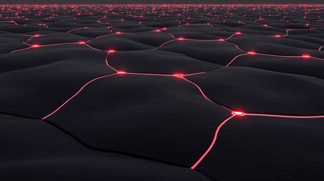 Abstract Dark Network: Glowing Red Lines on Hexagonal Surface