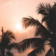 Tropical Sunset with Palm Fronds: The sun dips below the horizon, painting the sky with hues of orange and pink, framed by silhouetted palm fronds that create a sense of serene peace.
