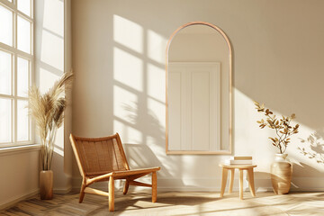 Fototapeta premium Modern minimalist interior featuring a large mirror and natural light in a serene living space
