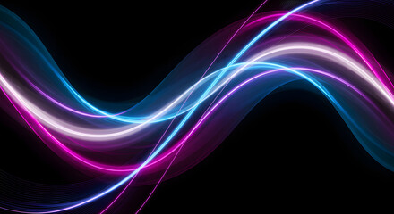 Obraz premium Abstract neon light waves in blue, pink, and white colors against a black background.