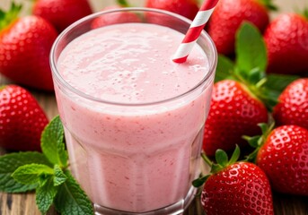 Close-up of Pink Strawberry Milkshake in Clear Glass with Red Striped Straw