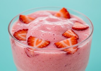 Fototapeta premium Close-up Shot of Strawberry Smoothie with Frothy Surface and Fresh Cut Strawberries