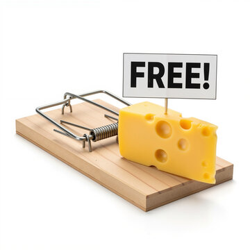Cheese on trap with sign saying 'FREE!' in humorous setup  