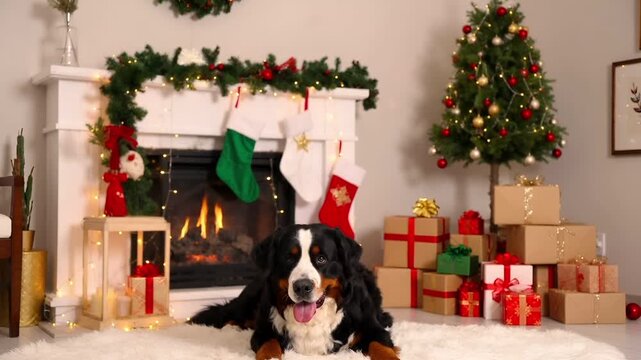 暖炉の前でラグに横たわるバーニーズマウンテンドッグとクリスマス飾り