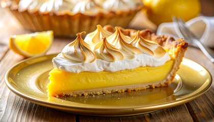 Lemon meringue pie slice on gold plate (1)