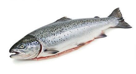 Obraz premium Fresh whole salmon lies on a bright white background, showcasing its silvery-gray scales and pinkish-red underbelly.