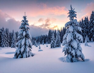 Snowy Winter Landscape with Fir Trees at Sunrise