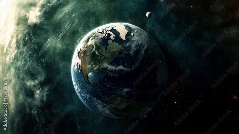 Wall mural stunning view of earth from space with distant celestial body and swirling clouds captured in deep s