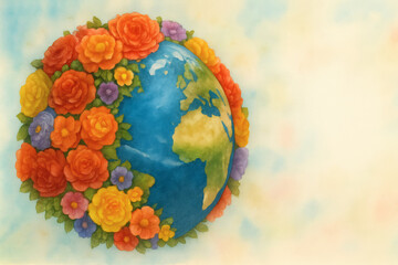 Planet surrounded by colorful flowers in promotional style for Friendship of Peoples, Earth Daywith copy space