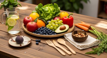 Fresh, colorful fruits and vegetables arranged on a wooden table. 