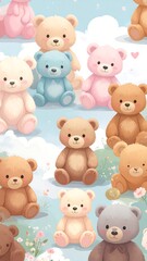 Cute teddy bears in pastel colors, sitting on a light blue background with clouds and flowers