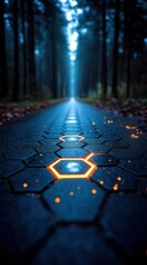 Futuristic Forest Path: Illuminated Hexagon Road Through Dark Woods