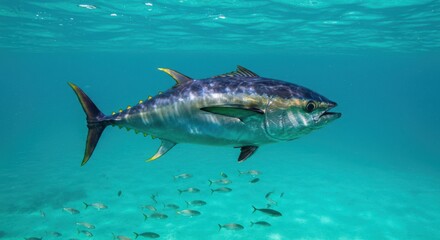 Fototapeta premium A magnificent tuna glides through the vibrant turquoise waters, showcasing its sleek form and intricate patterns.