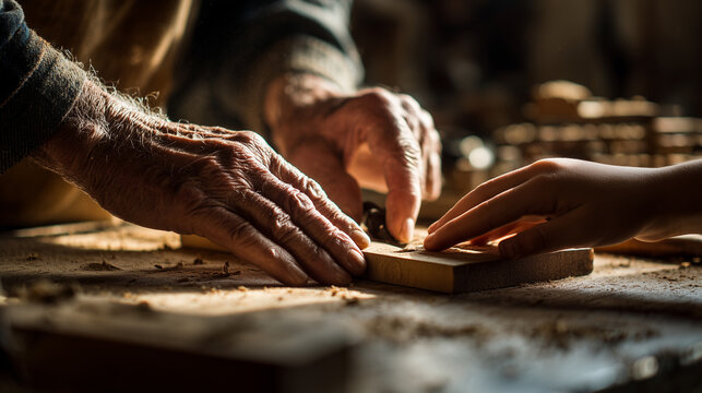 The wise hands of a master carpenter teaching a child, symbolizing the transfer of generational knowledge.