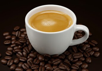Fototapeta premium White Ceramic Coffee Cup Filled with Dark Roast Espresso Surrounded by Roasted Beans