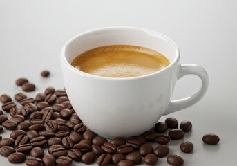 White Ceramic Coffee Cup Filled with Espresso Surrounded by Roasted Beans Minimal Photo