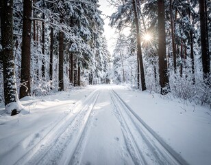 Obraz premium Snowy Winter Forest Path Sunlight