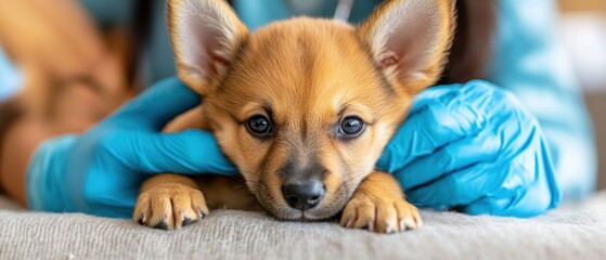 Obraz premium Adorable Puppy in Gentle Hands: A Vet's Tender Care