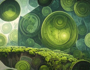 Abstract green landscape with circular patterns
