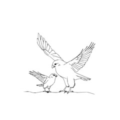 Obraz premium Outline drawing of a large bird with wings spread standing next to a smaller bird also with wings spread