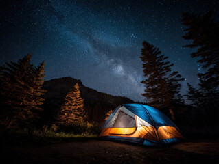 Brightly lit camping tent under a starry sky surrounded by tall trees and rugged mountain silhouette, creating a serene outdoor atmosphere for stargazing.