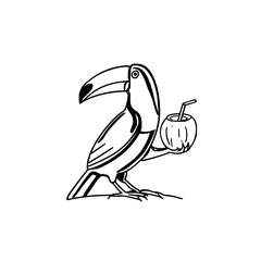 Fototapeta premium Illustration of a toucan bird holding a coconut drink with a straw in a black and white line drawing