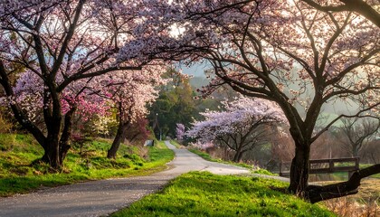 A winding road through a landscape of blossoming cherry trees bathed in soft sunlight