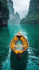 Serene Solo Boat Journey Through Emerald Lake, Majestic Mountains