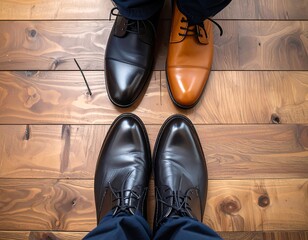 Two pairs of polished dress shoes, black and tan, stand on a wooden floor