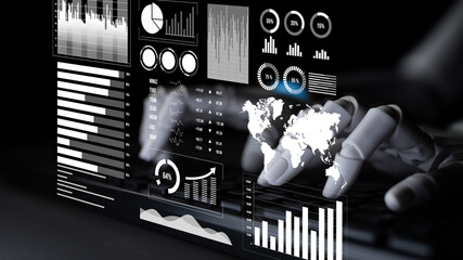 A futuristic hand engages with digital graphs and charts, illustrating data analysis and...