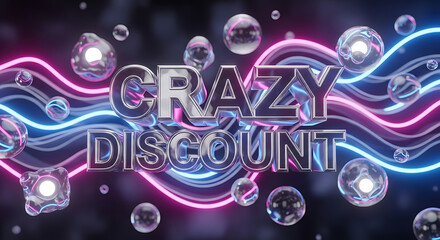 Fototapeta premium Crazy discount text with neon lines and spheres in a futuristic background design